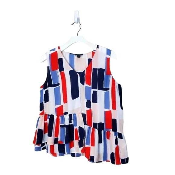 HALOGEN Womens Blouse Medium Sleeveless Color Block Sheer Peplum Ruffle Red Blue - Picture 1 of 8